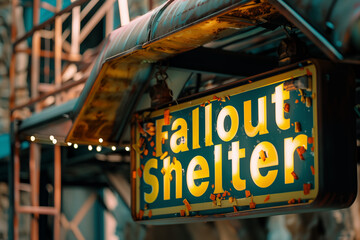 Rusty fallout shelter sign illuminated on industrial metal structure with pipes and lights
