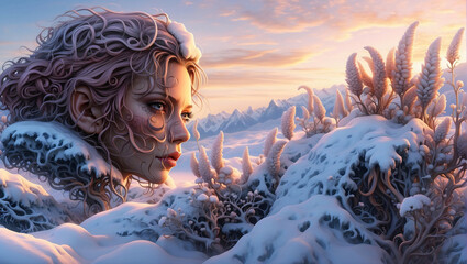 Abstract of a female head growing from an alien heather plant on snowy hills