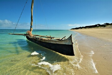 Pirogue of Vezo people (fishermen) at a sandy beach in Anakao (southwest coast of Madagascar)