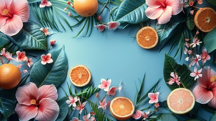 Blue Background With Oranges, Flowers and Leaves