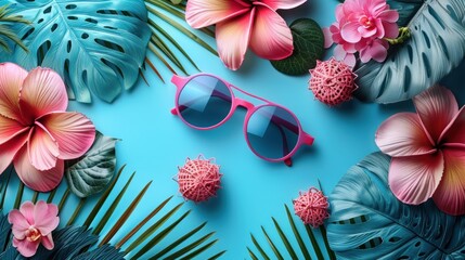 Pink Sunglasses on Blue Surface