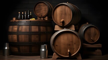 Whiskey, bourbon, scotch barrels in an aging facility. Hand edited.generative.ai - obrazy, fototapety, plakaty