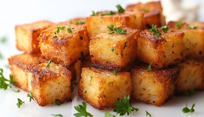 Tasty croutons on white background.