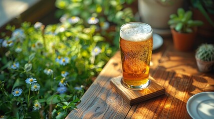 A close-up of a beer glass on the table captures a play of light and shadows, creating a vibrant scene. Set against an outdoor forest backdrop, sense of travel, relaxation, and weekend chill.