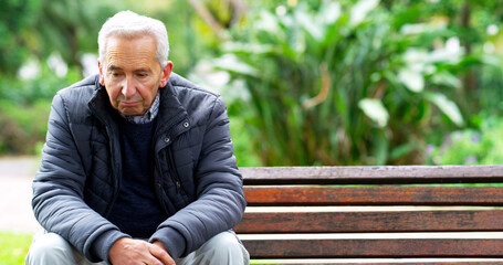 Bench, sad and thinking with senior man, depression and retirement with memory and emotions....