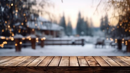 The empty wooden dark brown rustic table top with blur background of winter forest in finland....