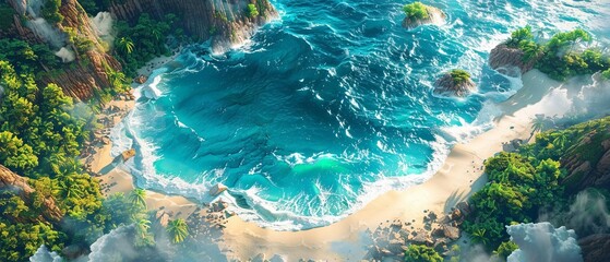 Explore the beauty of a pixel art masterpiece illustrating an abstract tropic scene from a birds-eye view Vibrant turquoise waves and the soothing island breeze come to life in this unique artwork, pe