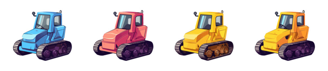 A vibrant bulldozer with multiple colors displayed on a plain white backdrop.