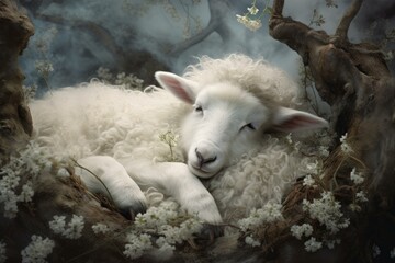 Dreamlike Sheep sleep cloud white. Fun comic lamb snooze wool. Generate Ai - obrazy, fototapety, plakaty