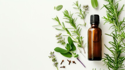 bottle of essential oil with herbs on a white background, embodying the essence of holistic health