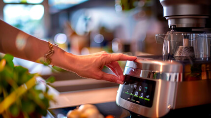 Close-up hand touching coffee machine and switching coffee making mode in the background of the kitchen. Quick breakfast. Food processors. Proper nutrition. High quality photo. Banner. Copy space