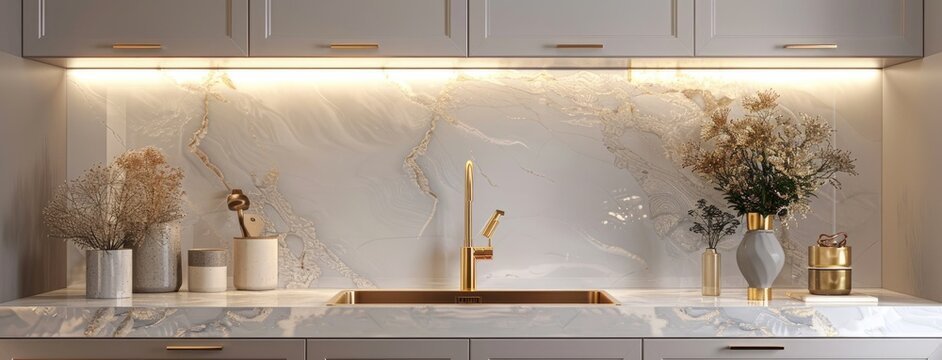 a marble backsplash in an elegant kitchen, illuminated by soft lighting to reveal its natural beauty and texture, complemented by light gray cabinets and a gold sink for added elegance.