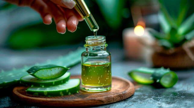 Extracting aloe vera essence with a dropper, conveying natural skincare and organic beauty. Cosmetic spa treatments and skin care products. Alloe cure. Banner. Copy space