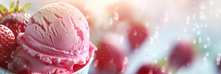 Strawberry ice cream scoop with fresh strawberries in bright, sunny setting against blurred...