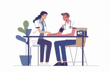 Flat illustration of doctor taking care  patients in hospital room, AI generated