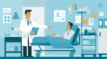 Fototapeta premium Flat illustration of doctor taking care patients in hospital room, AI generated