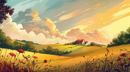Polish landscape illustration; green fields in summer and cottage houses
