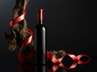 Bottle of red wine on a black reflective background. - 788607352
