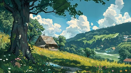 Polish landscape illustration; green hills in summer and cottage house