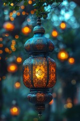 Decorative Arabic lantern with burning candle, glowing in the night. Festive card, invitation to the holy holiday for Muslims Eid al adha