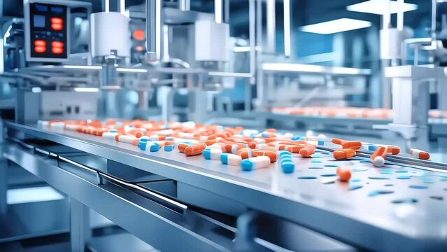 Pharmaceutical Industry's State Of The Art Factory With Pills On Conveyor