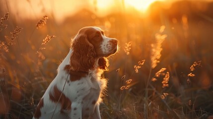 Active Welsh Springer Spaniel Dog in a Beautiful Natural Countryside Setting at Sunset - obrazy, fototapety, plakaty
