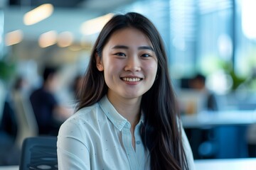 Asian business woman, smiling portrait in office
