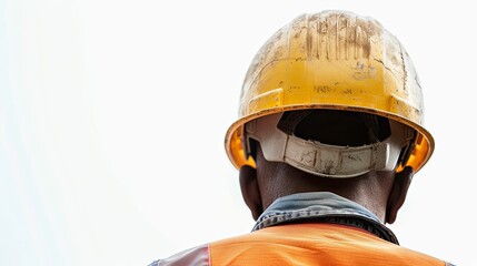 A construction worker wearing a hardhat is pictured against a white background