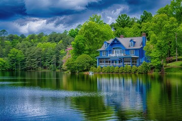 Fototapeta na wymiar Beautiful House on the Shore. Serene Landscape with Green Forest and Colourful Clouds over Blue Lake