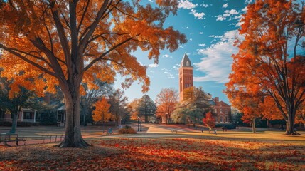 Autumn at Auburn University: Landmarks of Campus, Tower Architecture in Fall Colors  - obrazy, fototapety, plakaty