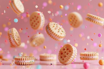 Design a pixel art composition featuring whimsical floating cookies in a vibrant, retro style Emphasize the nostalgic charm of classic cookie treats