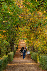 Madrid, Spain, Nov 18, 2023, People walking in Buen Retiro famous park located in the downtown Madrid, during fall autumn. High quality photo
