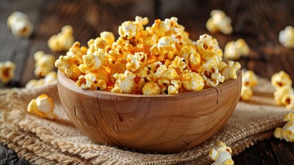 lovely caramel popcorn presented in a rustic wooden bowl atop a burlap napkin, against the backdrop of a dark wood surface, captured in a close-up view.