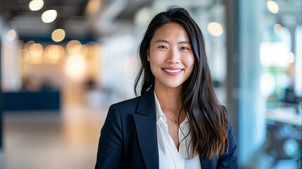 Obraz premium Portrait of a cheerful Asian businesswoman laughing outdoors in the city, exuding confidence and