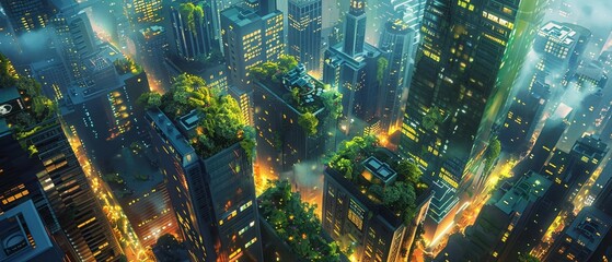 Design a captivating digital artwork exemplifying an AIs idealistic vision of a cityscape where green industry thrives harmoniously with nature Use vibrant colors and intricate details to depict a sea