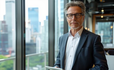 Fototapeta premium Portrait of a mature businessman in a suit, standing confidently in an office. Happy, successful