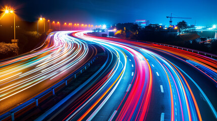 traffic on highway at night, Traffic High speed light trails in motion, glow lines, Colorful light...