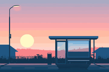 Pastel sunset over a serene bus stop