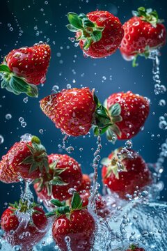 A group of ripe strawberries, complete with green leaves, are suspended amidst a dance of sparkling water bubbles against a backdrop of deep blue