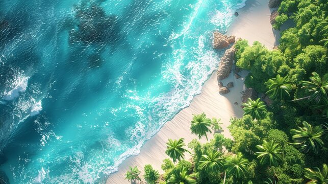 Deliver a captivating digital rendering showcasing an abstract, birds-eye view of a tropic landscape Dive into the tranquility of turquoise waves and the inviting island breeze Ideal for a travel broc