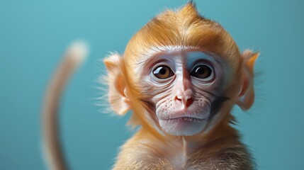 Portrait of a cute little monkey on a blue background. Close-up.