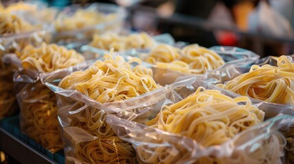 Fresh and Homemade Linguini Pasta for Healthy Italian Cookery - Raw Linguini sold at a Street Fair (Close-up)