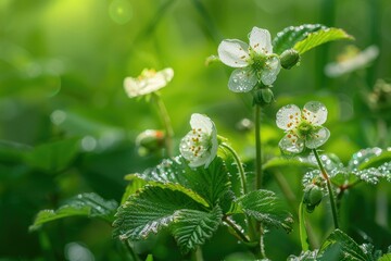 Fragaria Vesca - Closeup of Flowering Wild Strawberry Plant with Delicious Red Fruits