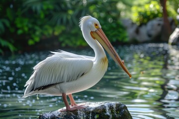 Fototapeta na wymiar Great White Pelican in the Wild: Majestic Water Bird with Striking Beak and Feathers amidst Nature's Beauty