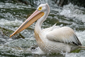 Great White Pelican in Natural Habitat - Stunning Bird with Majestic Beak, Feathers and Stunning Wildlife on Water