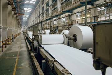 Inside the Paper Mill Factory: Industrial Machinery and Coil in Pulp and Paper Plant Industry - obrazy, fototapety, plakaty