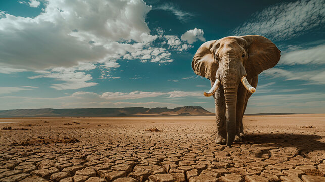Thirsty Elephant Seeking Water on Dry Lakebed