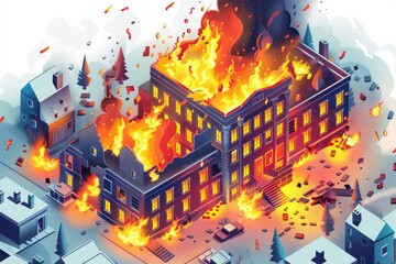 Isometric Fire Disaster Classifications Scale in the City, Showing Calamity, Danger, Risk, Damage and Displacement in Palace-like Buildings