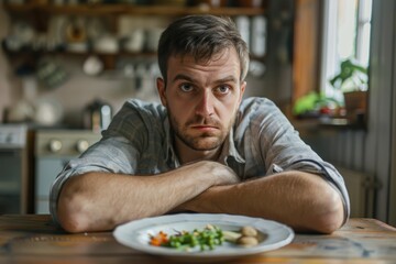 Loss of Appetite - Portrait of Depressed Caucasian Man with Aversion to Diet in Front of Dinner Plate, Concept of Anxiety and Appetite Suppressant - obrazy, fototapety, plakaty