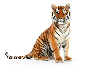 Fototapeta premium Majestic Tiger Sitting Proudly on White Background, Representing Power and Grace of Wildcat Mammals in their Carnivorous Wild Habitat